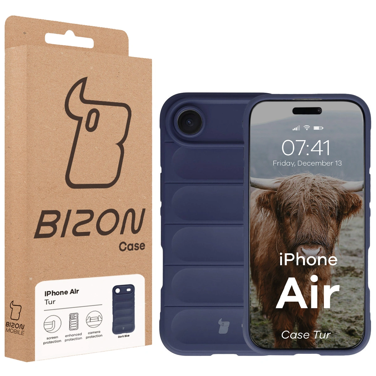 Przód pudełka Bizon Case z dedykowaną etykietą do Apple iPhone Air